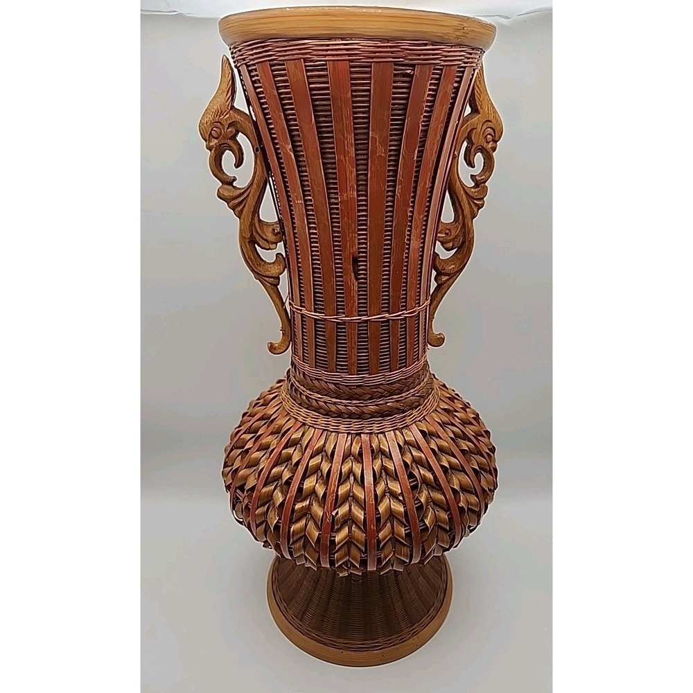 Vintage Shanghai Woven Bamboo Vase  Chinese Pedestal Base With Floral Insert